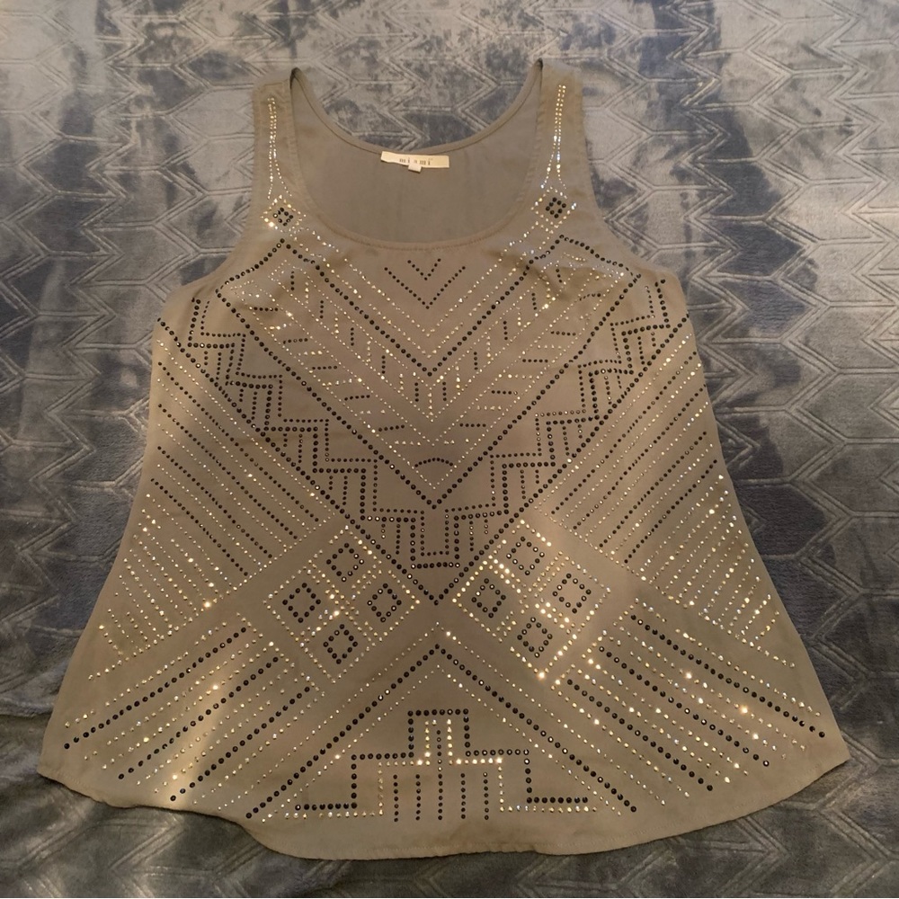 Francesca’s: Olive colored, Gold and Black embellished top, Size L